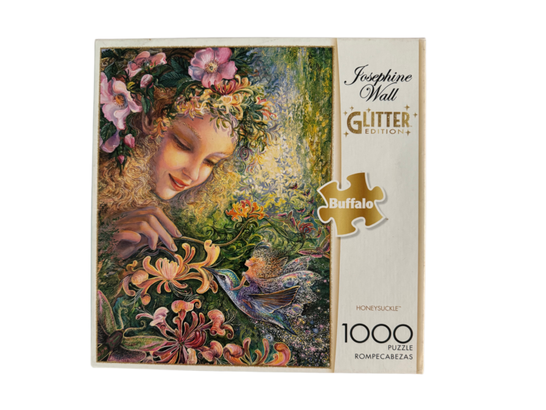 1000 piece glitter puzzle of a woman and hummingbird.