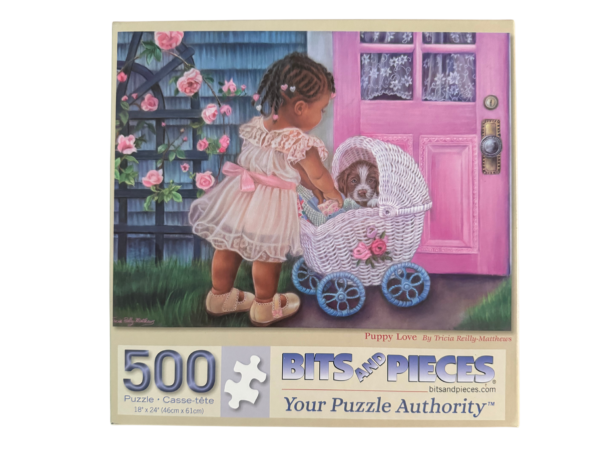 500 piece puzzle, girl and puppy in stroller.