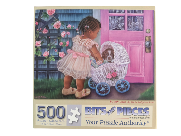 500 piece puzzle, girl and puppy in stroller.