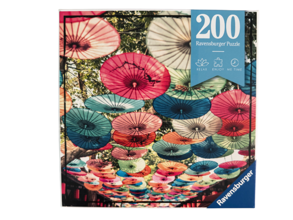 200 piece puzzle with colorful umbrellas.