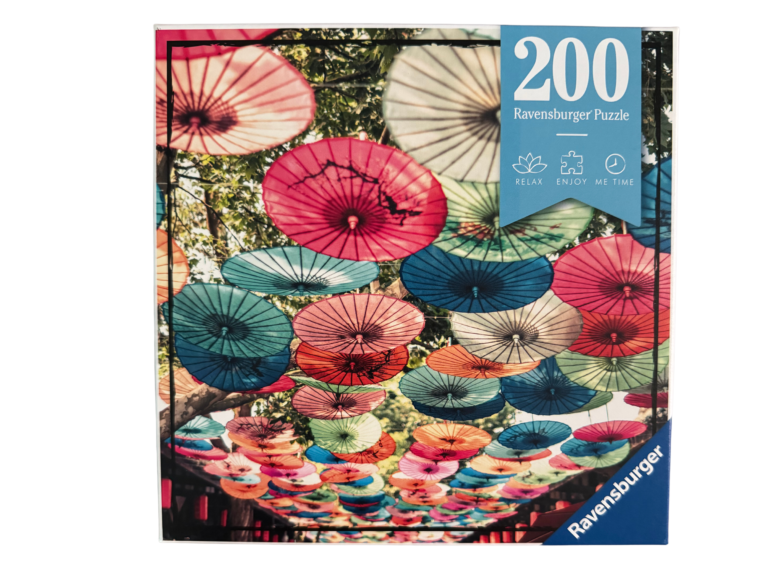 200 piece puzzle with colorful umbrellas.